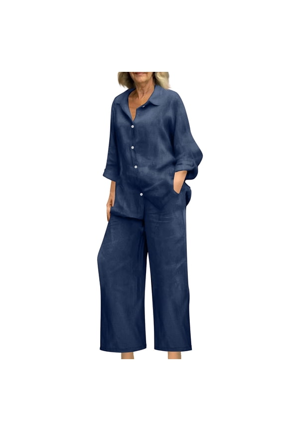 Womens 2 Piece Outfits Casual Long Sleeve Button Down V Neck Tops Loose Wide Leg Pants Linen Lounge Sets Tracksuits Travel Outfits with Pockets A02-Navy L