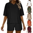 thumbnail image 1 of Bloomae Womens 2 Piece Sets Ribbed Textured Knit Casual Short Sleeve Crewneck Basic Shirts Elastic Waist Shorts Two Piece Lounge Oversized Tracksuit Matching Set Orange L, 1 of 10