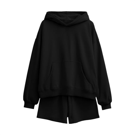 Bloomae Womens 2 Piece Shorts Outfits Casual Shorts Sweat Set Long Sleeve Hoodie Pullover Sweatshirts Tops and Jogger Short Pants Sweatsuits Comfy Lounge Sets with Pockets Black XXL