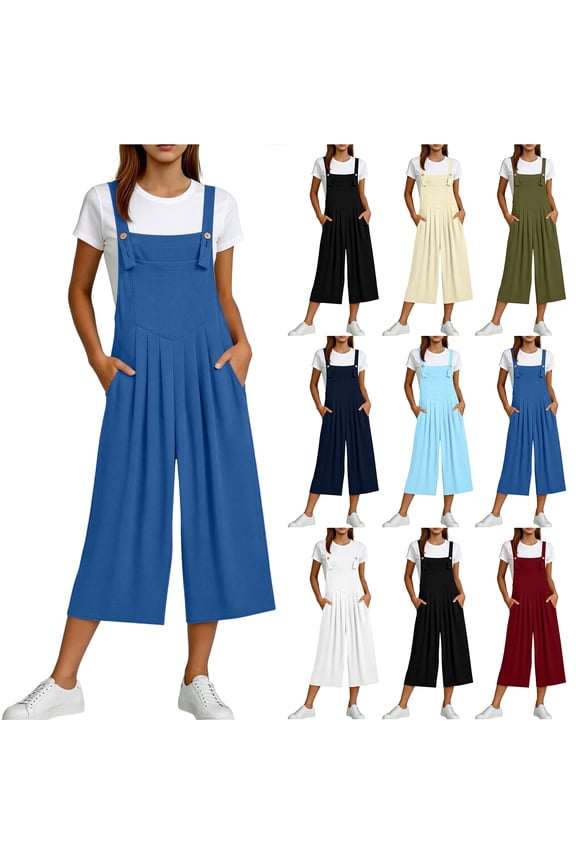 Womens Adjustable Jumpsuits Cotton and Linen Lightweight Casual Pleated Wide Leg Overalls Summer Boho Sleeveless Loose Capri Rompers with Pocket Light Blue XL
