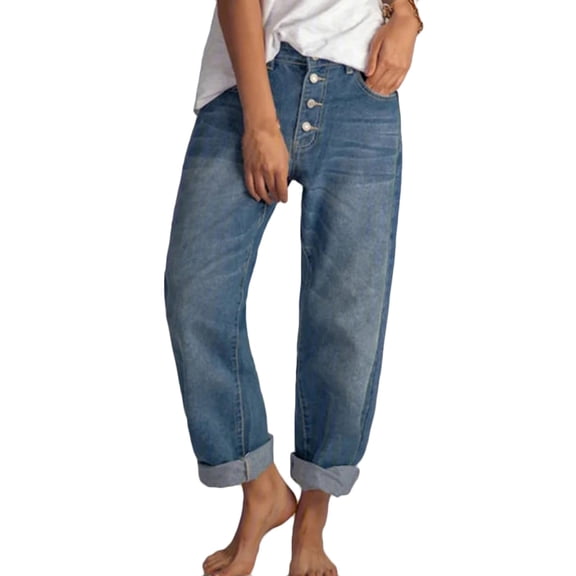 Bloomae Womens Baggy Ankle Jeans,Loose Straight Leg High Waist Tummy Control Button Boyfriend Trousers Casual Denim Pants with Pockets Blue XL