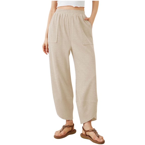 Bloomae Womens Baggy Wide Leg Pants Loose Fit Casual Elastic Waisted Palazzo Harem Pants with Pockets Beige XL
