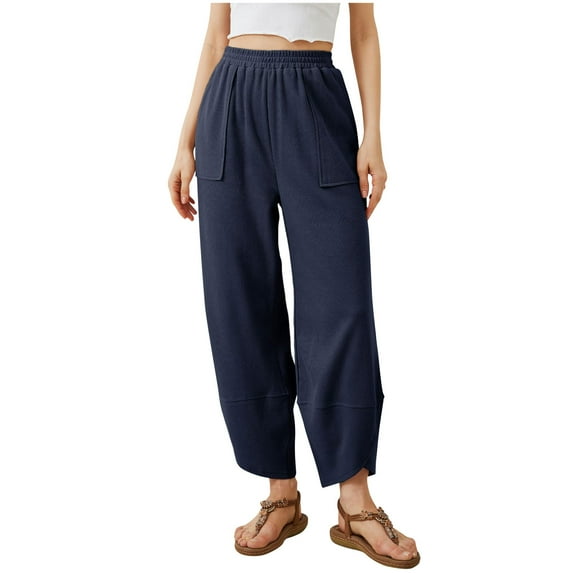 Bloomae Womens Baggy Wide Leg Pants Loose Fit Casual Elastic Waisted Palazzo Harem Pants with Pockets Navy L