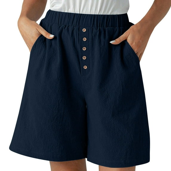 Bloomae Womens Baggy Wide Leg Shorts Loose Comfy Bermuda Shorts Summer Casual Elastic Waist Short Pants Loose Knee Length Shorts with Pockets Navy M