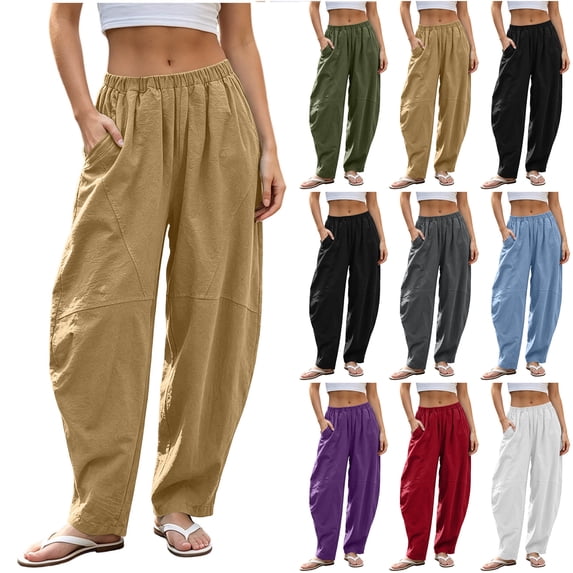 Bloomae Womens Barrel Pants Lightweight Elastic High Elastic Waisted Summer Baggy Harem Pants Loose Fit Casual Wide Leg Comfy Lounge Trousers with Pockets