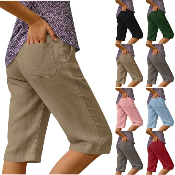 Bloomae Womens Bermuda Linen Shorts Casual Knee Length High Rise Elastic Waist Cotton Shorts Lightweight Summer Beach Vacation Short Pants with Multi-Pockets Khaki XXL