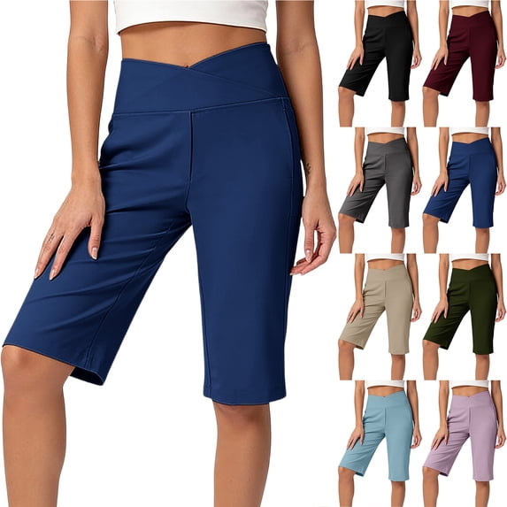 Bloomae Womens Bermuda Long Shorts Knee Length Capris Casual Crossover High Waisted Athletic Shorts with Pockets Summer Stretch Loose Short Pants Green XL