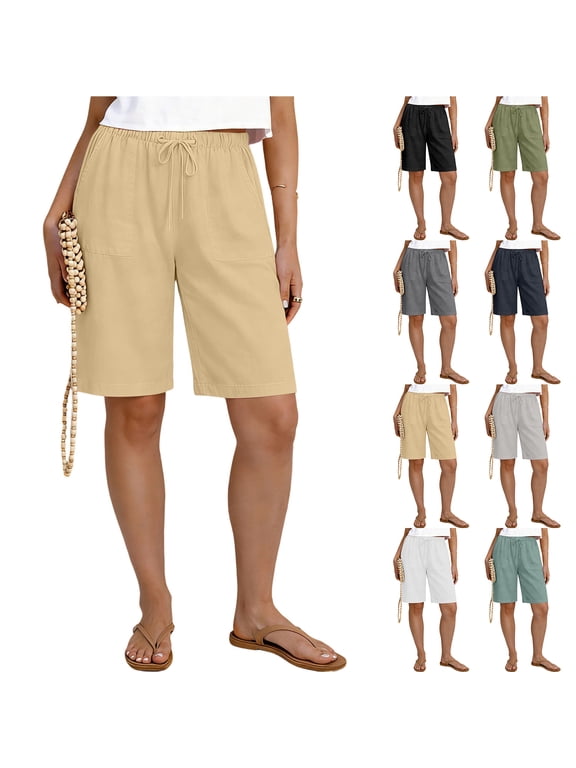 Womens Bermuda Shorts Lightweight Casual Knee Length Elastic Waist Drawstring Shorts Trendy Summer Beach Vacation Short Pants with Pockets Black M