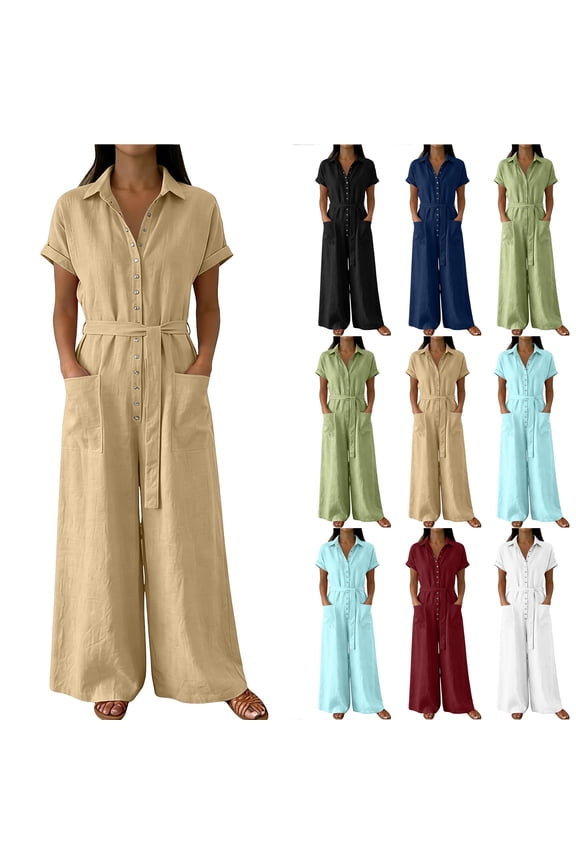 Womens Button Down V Neck Jumpsuits Summer Casual Short Sleeve Loose Fit Wide Leg Overalls Dressy One Piece Belted Rompers with Pockets