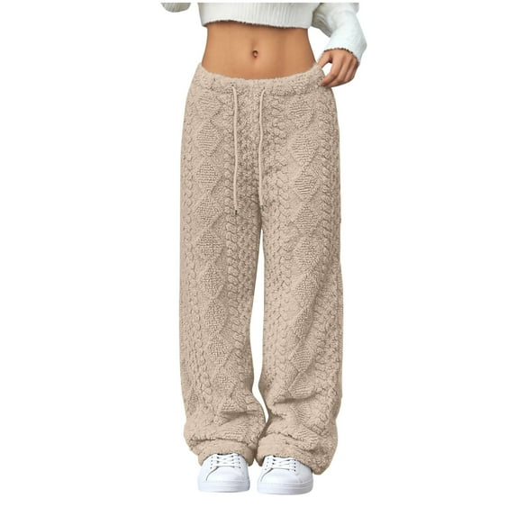 Bloomae Womens Cable Knit Fuzzy Long Pants Casual Drawstring Elastic High Waist Wide Leg Baggy Pants Fleece Warm Pajamas Pants Khaki L