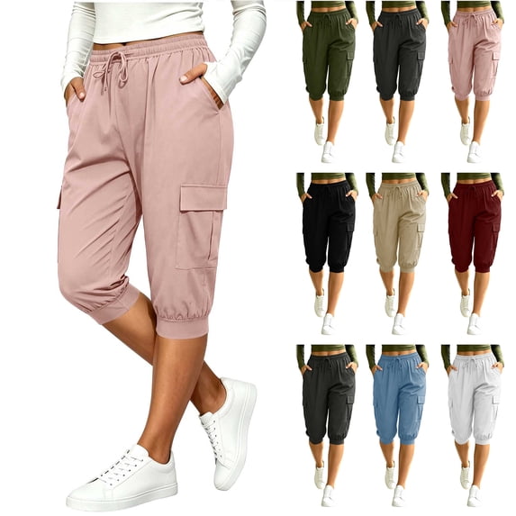 Bloomae Womens Capri Cargo Joggers with Pockets Drawstring Elastic High Waist Golf Pants Trendy Vacation Travel Cruise Hawaii Beach Resort Wear Jogger Short Pants