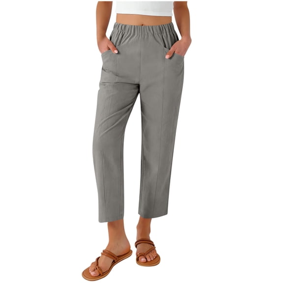 Bloomae Womens Capri Pants Lightweight Summer Casual Elastic High Waisted Lounge Cropped Tapered Ankle Beach Trousers Work Outfits with Pockets Gray L