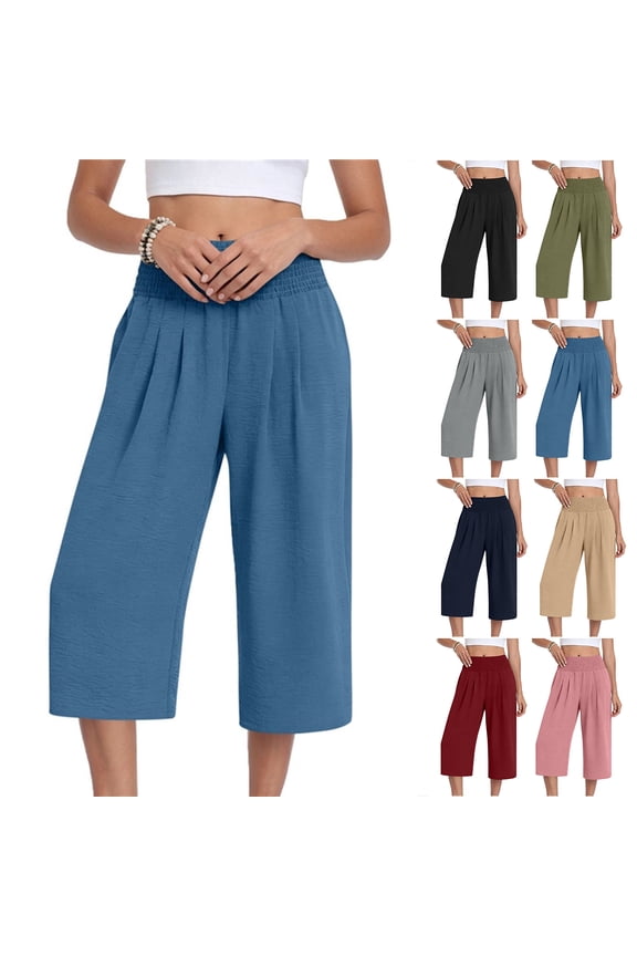 Womens Capri Pants Loose Smoked Elastic High Waisted Palazzo Capris Pants Summer Wide Leg Flowy Beach Lounge Casual Cropped Trousers with Pockets