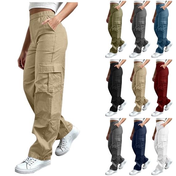 Bloomae Womens Cargo Pants Elastic Waisted Hiking Stretch Pant Basic Solid Color Athletic Casual High Waist Straight Leg Baggy Trousers with Multi-Pockets