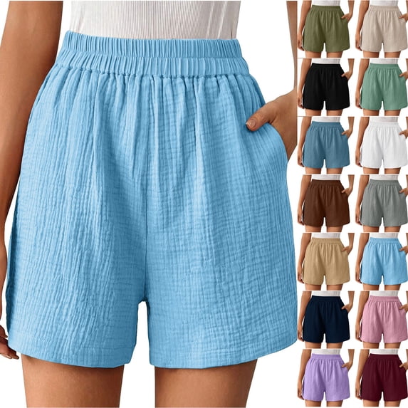 Bloomae Womens Casual Shorts Lightweight Summer Elastic High Waist Textured Lounge Short Pants Loose Wide Leg Comfy Beach Vacation Shorts with Pockets