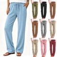 thumbnail image 1 of Bloomae Womens Casual Waffle Knit Lounge Pants Lightweight Drawstring Elastic High Waist Textured Palazzo Pants Loose Fit Wide Straight Leg Beach Vacation Trousers with Pockets, 1 of 10