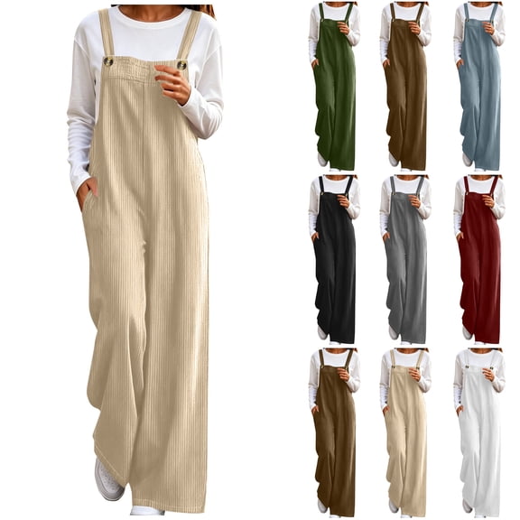 Bloomae Womens Corduroy Casual Jumpsuits Trendy Fall Adjustable Strap Wide Leg Rompers Loose Fit Sleeveless Overalls with Pockets