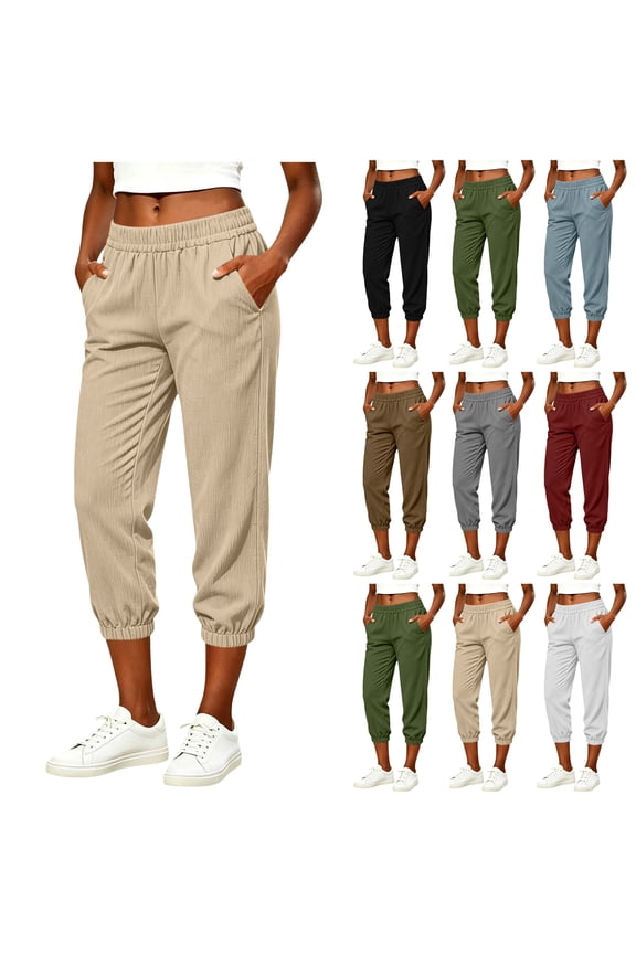 Womens Corduroy Cropped Jogger Pants Fall Casual Elastic High Waist Casual Capri Trousers with Pockets Lightweight Cinch Bottom Lounge Capris