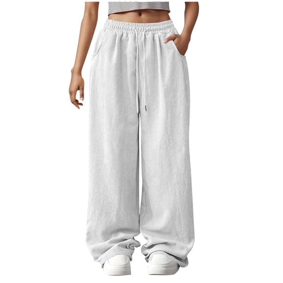 Bloomae Womens Corduroy Wide Leg Palazzo Pants Fall Casual Loose Baggy Drawstring Elastic Waisted Lounge Trousers with Pockets White L