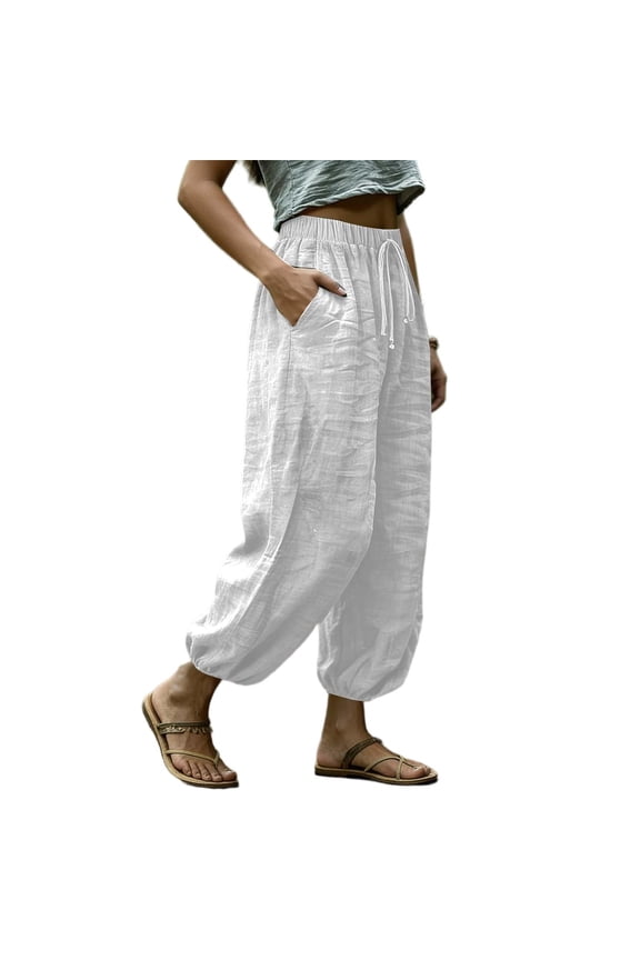 Womens Cotton Linen Harem Pants Elastic Waist Baggy Pant Drawstring Balloon Trouser Loose Comfy Beach Pants with Pockets White XXL