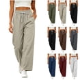 thumbnail image 1 of Bloomae Womens Cotton Linen Lounge Comfy Trousers Lightweight Quick Dry Casual Drawstring Elastic High Waist Wide Straight Leg Running Travel Workout Palazzo Pants with Pockets, 1 of 8