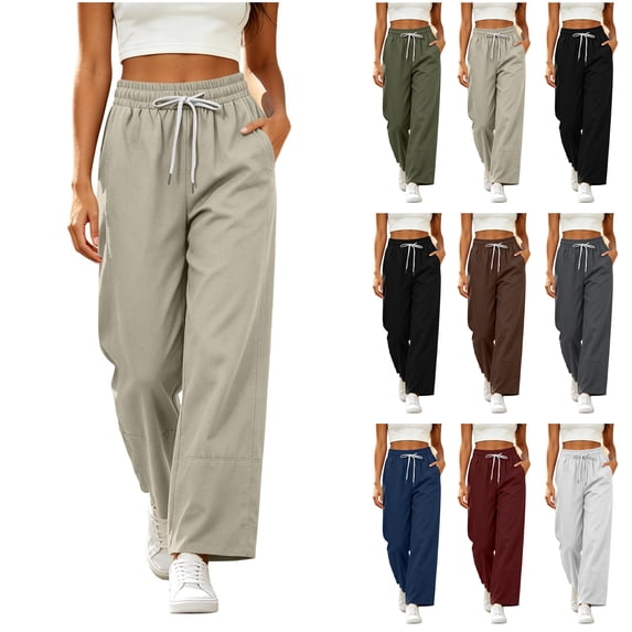 Bloomae Womens Cotton Linen Lounge Comfy Trousers Lightweight Quick Dry Casual Drawstring Elastic High Waist Wide Straight Leg Running Travel Workout Palazzo Pants with Pockets
