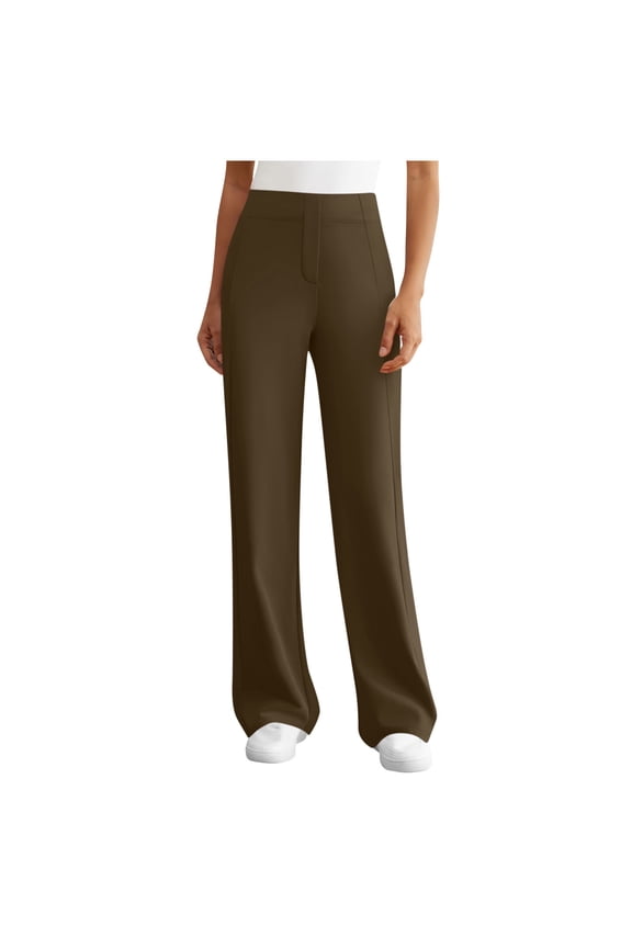 Womens Dress Work Flare Pants Loose Wide Leg Business Casual Slacks Stretchy High Waist Comfy Trousers with Pocket Brown XXL