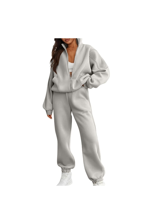 Womens Fall Hoodie Tracksuit Zip Up Long Sleeve Hooded Pullover Sweatshirts and Sweatpants Set 2 Pieces Sweatsuits Jogger Sets with Pockets Gray M