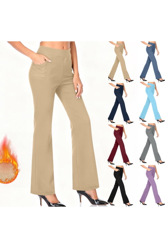 Womens Fleece Lined Dress Pants with Pockets Winter Work Thermal Flare Yoga Leggings Stretch Business Slacks for Cold Weather Navy L
