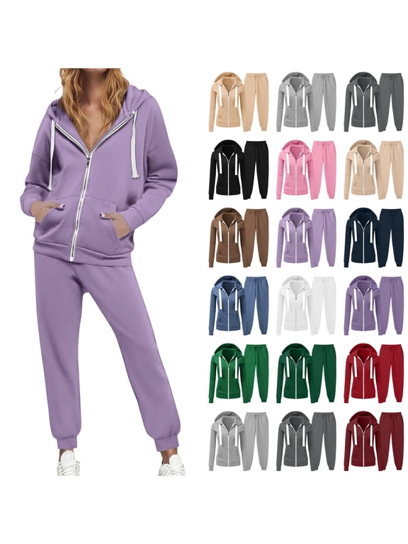 Womens Full Zip-Up Hoodie Tracksuit Set Long Sleeve Drawstring Casual Hooded Pullover Sweatshirts and Jogging Suits Workout Gym 2 Piece Outfits with Pockets