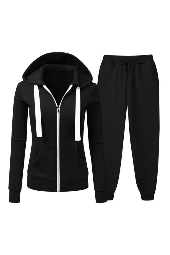 Womens Full Zip-Up Hoodie Tracksuit Set Long Sleeve Drawstring Casual Hooded Pullover Sweatshirts and Jogging Suits Workout Gym 2 Piece Outfits with Pockets Black XXXXL