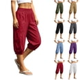 thumbnail image 1 of Bloomae Womens Harem Capri Pants Elastic Waist Ruched Pleated Tapered Wide Leg Cropped Pants Loose Fit Oversized Baggy Lounge Capris Slacks with Pockets, 1 of 10
