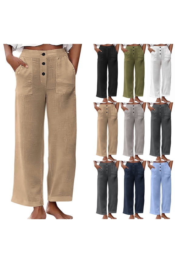 Womens High Waisted Straight Leg Work Pants Lightweight Casual Solid Color Lounge Trousers Loose Boho Pants with Pockets Army Green XXXL