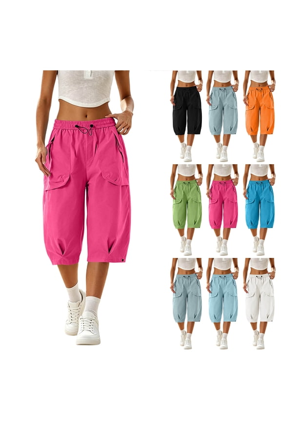 Womens Hiking Capri Pants Lightweight Quick Dry Casual Fall Adjustable Drawstring Elastic Waist Baggy Ruched Hem Cropped Trousers with Pockets