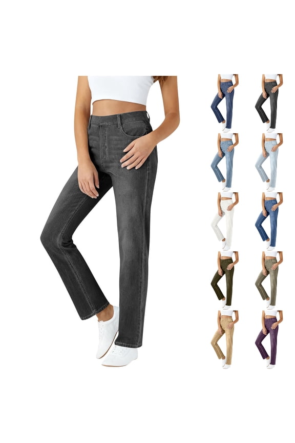 Womens Imitating Denim Pants Stretch Elastic High Waisted Jeans Trendy Solid Color Straight Leg Tummy Control Pants with Pockets Navy L