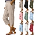 thumbnail image 1 of Bloomae Womens Linen Capris Lightweight Casual Knee Length Dressy Causal Drawstring Elastic Waist Button Side Slit Capri Pants Trendy Summer Beach Vacation Cropped Pants with Pockets, 1 of 7