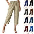 thumbnail image 1 of Bloomae Womens Linen Capris Pants High Waist Drawstring Elastic Waist Comfy Casual Pants Lightweight Button Decor Cropped Trousers with Pockets Wine S, 1 of 10