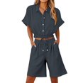thumbnail image 1 of Bloomae Womens Linen Cotton Summer Casual 2 Piece Outfits Short Sleeve Button Down Cropped Shirts Drawstring Shorts Lounge Tracksuit with Pockets Dark Gray XXL, 1 of 7