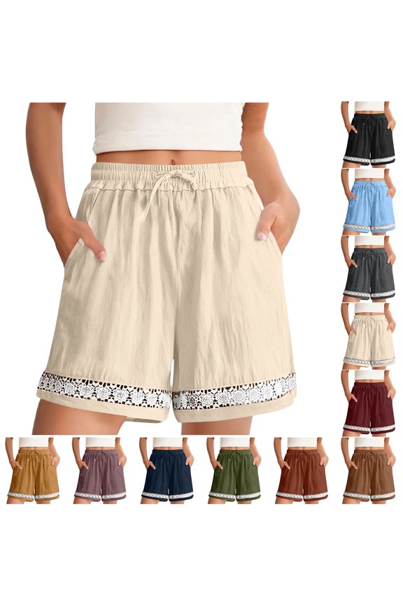 Womens Linen Shorts Summer Casual Loose Drawstring Elastic Waist Beach Vacation Comfy Shorts Lightweight Lace Floral Crochet Eyelet Trim Boho Short Pants with Pockets Blue XXL