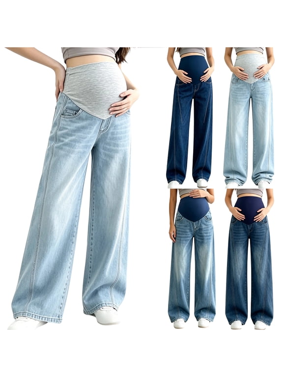 Womens Maternity Jeans Over Belly Wide Straight Leg Pregnancy Pants Classic Stretchy Tummy Panel High Waist Denim Pants with Pockets,Pregnant Moms Fall Work Daily,Casual Loose Style