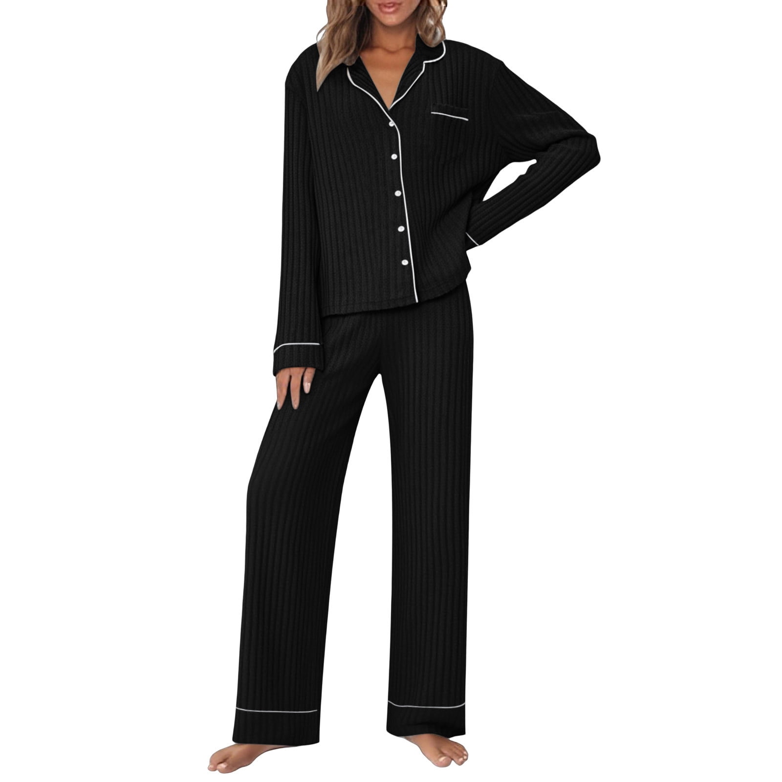 Women's Ribbed Knit Lounge Set 2 Piece Pajamas - Long Sleeve Top & Pants With Pockets, Comfy Loungewear