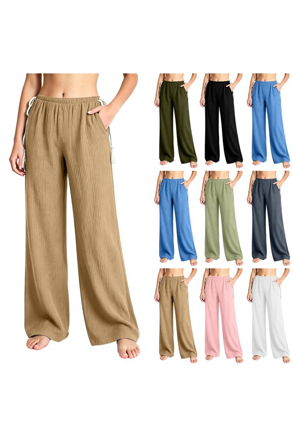 Womens Palazzo Pants Summer Fashion Side Waist Tassle Decor Lounge Pants Elastic High Waisted Wide Leg Textured Flowy Beach Trousers with Pockets