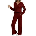 thumbnail image 1 of Bloomae Womens Ribbed Knit Lounge Set Ruched Pleated Long Sleeve Button V Neck Pullover Sweater Top and Wide Leg Long Pants 2 Piece Outfits Pajamas Sets Loose Cozy Sleepwear PJ Sets Wine M, 1 of 10