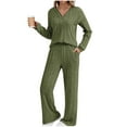 thumbnail image 1 of Bloomae Womens Ribbed Knit Lounge Set Ruched Pleated Long Sleeve Button V Neck Pullover Sweater Top and Wide Leg Long Pants 2 Piece Outfits Pajamas Sets Loose Cozy Sleepwear PJ Sets Army Green XXL, 1 of 8