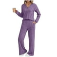 thumbnail image 1 of Bloomae Womens Ribbed Knit Lounge Set Ruched Pleated Long Sleeve Button V Neck Pullover Sweater Top and Wide Leg Long Pants 2 Piece Outfits Pajamas Sets Loose Cozy Sleepwear PJ Sets Purple M, 1 of 10