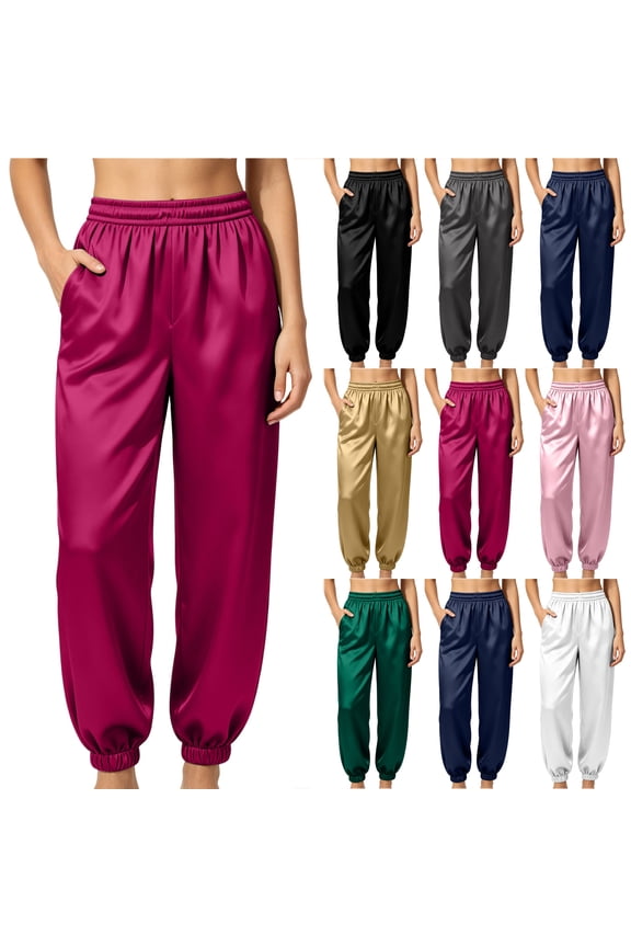 Womens Satin Harem Lounge Pants Casual Baggy Barrel Leg Pajama Sleep Pants Elastic High Waist Loose Workout Track Pj Bottoms with Pockets