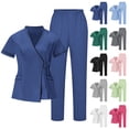 thumbnail image 1 of Bloomae Womens Scrub Set 2 Piece Medical Uniforms Drawstring Short Sleve Wrap V Neck Stand Collar Nursing Scrubs Top and Pants Workwear with Pockets Dark Gray XL, 1 of 10