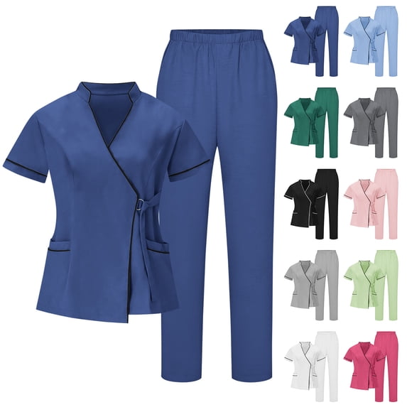 Bloomae Womens Scrub Set 2 Piece Medical Uniforms Drawstring Short Sleve Wrap V Neck Stand Collar Nursing Scrubs Top and Pants Workwear with Pockets Dark Gray XL