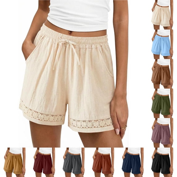 Bloomae Womens Shorts Summer Casual Loose Elastic Waist Drawstring Lace Crochet Trim Wide Leg Boho Beach Cover Up Shorts with Pockets Coffee XXL