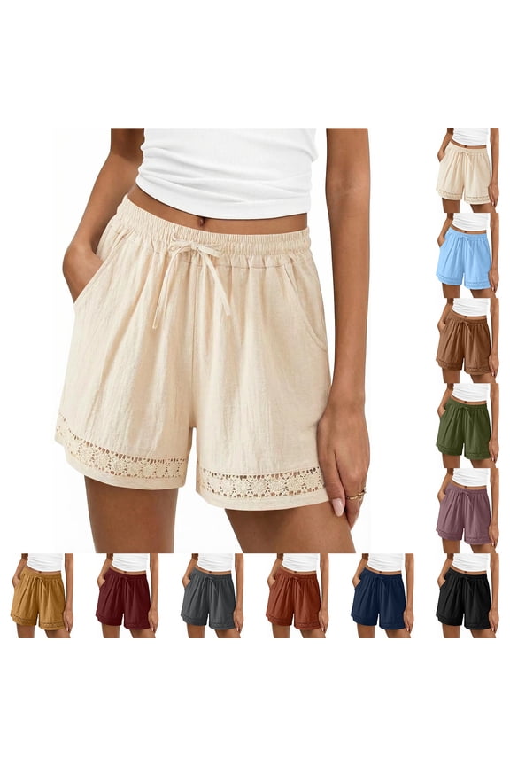 Womens Shorts Summer Casual Loose Elastic Waist Drawstring Lace Crochet Trim Wide Leg Boho Beach Cover Up Shorts with Pockets Green M